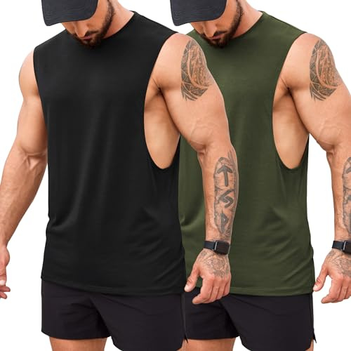 COOFANDY Débardeur Homme Gym Bodybuilding T-Shirt sans Manches Entraînement Athlétique Hommes Chemises Musculaires, Noir/Vert Armée (Pack de 2) M