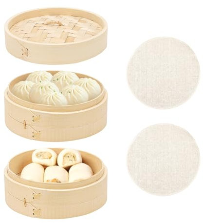BULZEU Vaporera de bambú asiática con 2 niveles, para albóndigas, arroz, dim sum, verduras, carne, con tapa y 2 cestas de vapor de bambú, 20 cm (L)