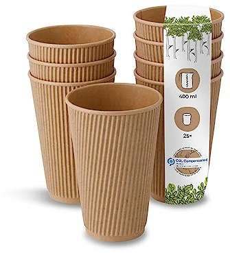GREENBOX 25 vasos estriados para llevar de cartón kraft marrón sin blanquear, vasos de café ecológicos, desechables, orgánicos, sin imprimir, 400 ml, 16 oz, 100% biodegradables, compostables