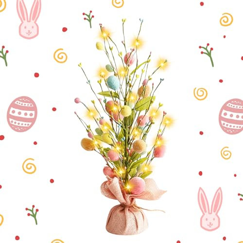 Ostereier Baum Tischdekoration,42cm Osterdeko Ostereierbaum Centerpiece Decor,Künstlicher Ostereierbaum mit Licht,Bunte Eier Osterzweige Osterdekoration,für Innendekoration Wohnzimmers im Frühling
