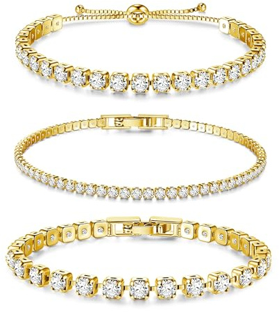 KRFY Gold Tennis Armband für Damen 18 Karat vergoldete Stapelkette Kubische Zirkonia Armbänder Klassische Tennisarmbänder Set Verstellbare CZ Link Charm Armbänder Set Gold Armbänder für Frauen Mädchen