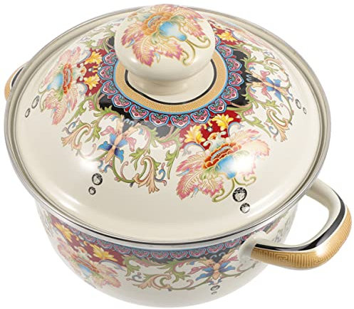 BIUDECO Vintage Enamel Stew Pot with Lid, 20cm Thickened Two-Handle Household Cooking Pot, Wear-Resistant Stockpot Suitable for Gas and Induction Stove