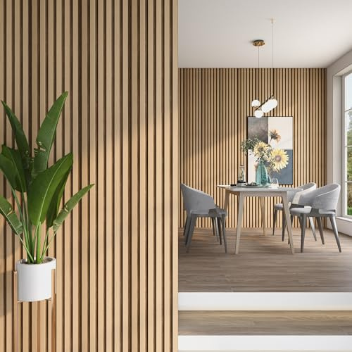 NEU.HOLZ Set de 15 Panneaux Muraux 3D Lattes Décoratives avec Lamelles Verticales Style Scandinave Installation Facile au Mur Plafond Polystyrène 195 x 30 cm Effet Chêne Clair