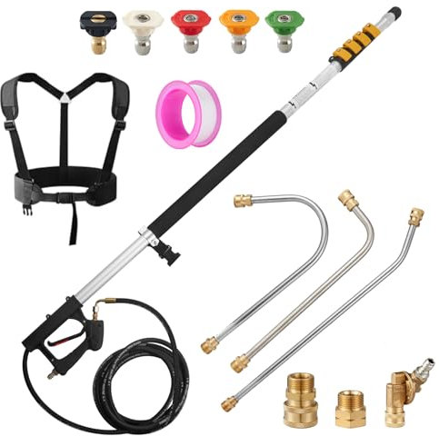 24 FT Pressure Washer Telescoping Wand with Power Washer Extension Wand, Support Belt, Gutter Cleaner Attachment, 5 Spray Nozzle Tips and 2 Hose Inlet Adapters