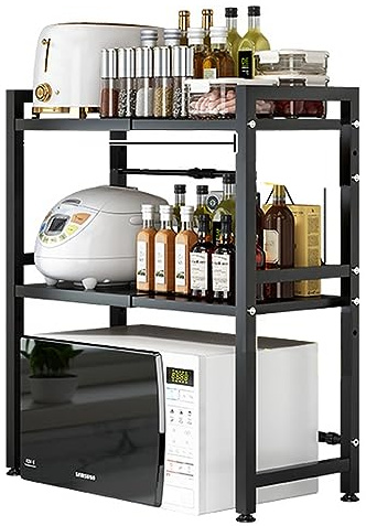 Felenny Expandable Microwave Oven Rack, 3 Tier Kitchen Microwave Shelf Organizer Metal Organiser Counter Stand Utensil Holder Adjustable Width& Height, Heavy Load 75kg/ 165lbs