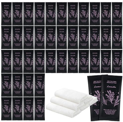 Hot or Cold Moist Cotton Towel Bulk Moist Towelettes Individually Wrapped 8.7 x 8.7,White Towel Services,Refreshment Pre Moistened Towels Lavender Scent for Travel Sport Party Spa Dentist Hotel100