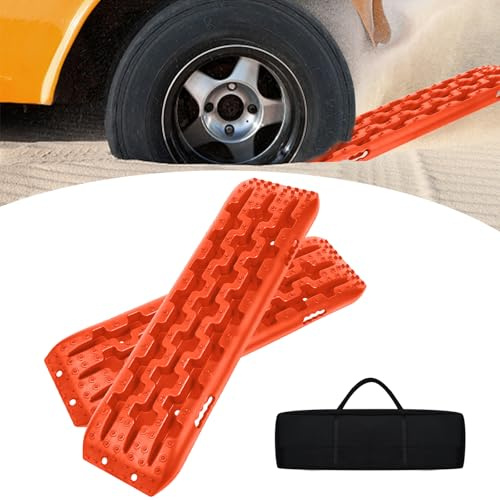 AufuN orange Sandbleche Anfahrhilfe Set Traktionsmatte Gripmatte 2 Stück | tragbare Traktionsband Traktionshilfe mit Aufbewahrungstasche, 10 T Reifenleiter für Geländewagen, Wohnmobil, PKW & LKW