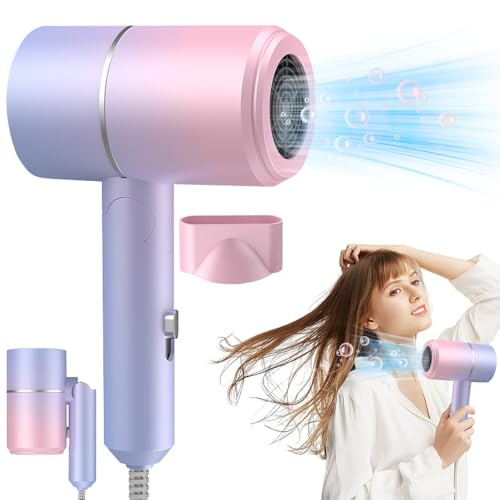 Rppiup Travel Hairdryer, Foldable Hair Dryer, Kids Hair Dryer with 2 Speed Setting, Ionic Hairdryer with Hot/Cold Button, Small Fast Drying Hair Dryers, Fast Drying, Blow Dryer for Women Men(Gradient
