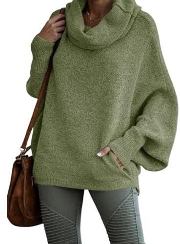 Foreseew Pull à col roulé uni pour femme, pull tendance ample et décontracté à col bénitier avec poches, Vert, L