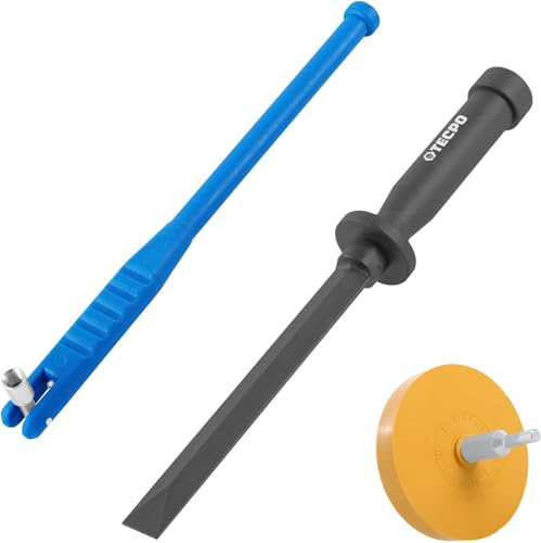 TECPO Reifenmontage-Set, Einziehwerkzeug für Gummiventile + Kunststoffschaber + Folienradierer, schonende Ventilmontage, ideal zum Entfernen von Kleberesten & Schutzleisten, inkl. Adapter & Schaft