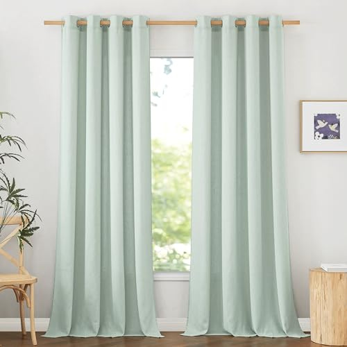 PONY DANCE Leinen Vorhang 260cm Wohnzimmer Gardinen Halbtransparent | Salbeigrün,2er Set,H260 x B140 cm,Boho Gardinen Leinenoptik mit Ösen,Leinenvorhang Landhaus Schlafzimmer,Linen Curtains