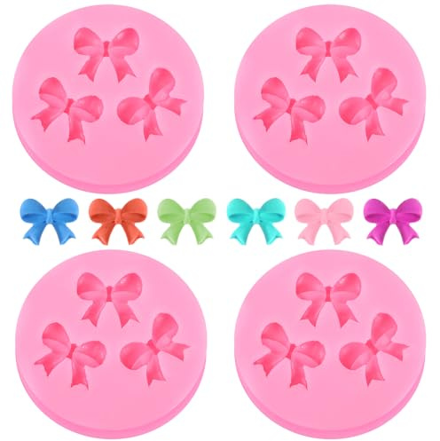 4 Pieces Pink Mini Silicone Fondant Bow Molds, Bow Molds for Chocolate | Bows Silicone Fondant Mold Sugar Candy Cake Chocolate Craft Mold for DIY Cake Pudding Decorating Cupcake Topper
