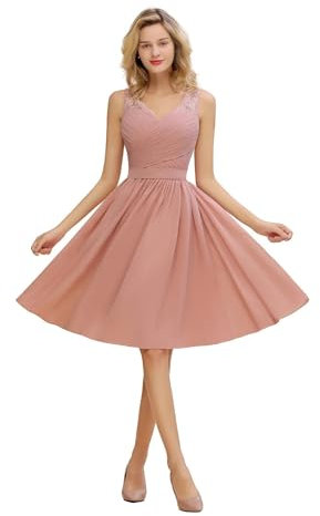 SPPEOUKJ Brudtärneklänningar Antik Rosa Chiffong Spets Brudtärneklänningar, V-ringad, Kort, för Brud, För Formellt Bröllop för Bröllop, Fester(Pink,14)