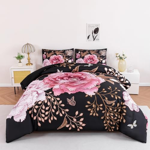 STYHO King Size Bedding Sets 3 Pieces Black and Pink Floral Duvet Cover Set Ultra Soft Luxury Blossom Flower Design Farmhouse Quilt Covers with Zipper Closure(Black Pink, King)