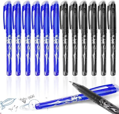 Wischbare Kugelschreiber, 12 Stück blau + schwarz Wischbare Radierstifte, | 0,5 mm Nachfüllbare wischbare Stifte, Wischbare Kugelschreiber, Wischbare Gelstifte, Reibestifte, Gelstift-Set