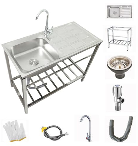 XNXYSMKJ Stainless Steel Sink,Kitchen Sink Unit,Outdoor Sink,Commercial Sink,Utility Sinks,Stainless Steel Sink Units,Free Standing Sink (Single Cold Faucet 100 * 50cm)