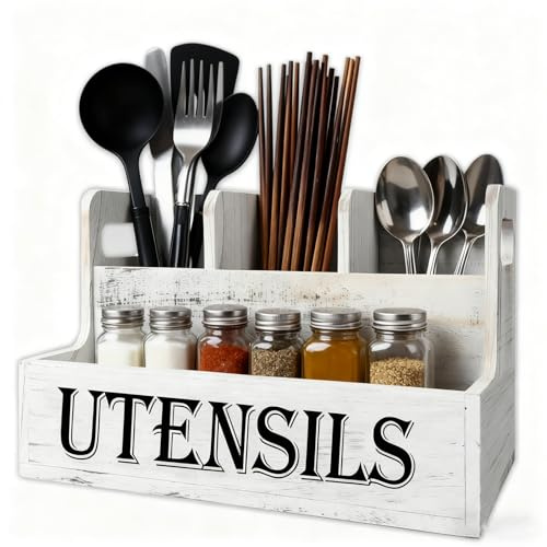 Porta Utensilios de Cocina de Madera, Soporte para Cubiertos Cocina con 4 Compartimentos, Grande Organizador de Utensilios para Encimera, Rústico Almacenamiento para Tenedor Cuchara y Condimentos