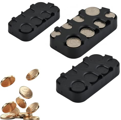 3 Pcs Münzen Aufbewahrung, Kleingeld Aufbewahrung mit Schnell Fixierung, Münzsortierer aus Kunststoff für 3 x 48 Münzen, Münzbox für Auto, Taxi, 8 Fächer von 2 Euro bis 1 Cent, Schwarz