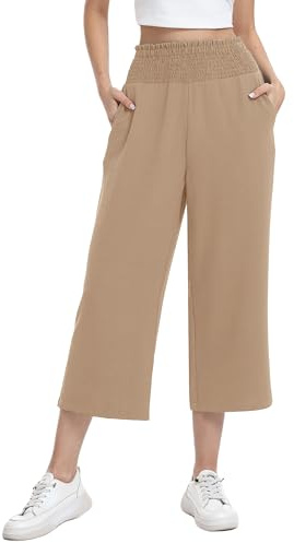 WUWUSKY Pantalon 3/4 Femme Taille Haute Élastique, Pantalon Large d'Été Léger Respirant Pantacourt Décontracté avec Poches