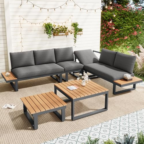 Merax Gartenmöbel Set Lounge mit Eckstellung, verstellbare Rückenlehne 5-stufig bis 55°, Loungesofa Outdoor aus verzinktem Stahl & WPC Tischplatte, mit 2 Couchtischen, Grau Schwarz