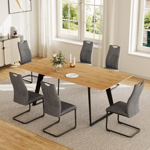 HIPIHOM Esstisch mit 4-6 Stühlen Set Ausziehbarer Esstisch 130–170 cm – Essgruppe MDF-Tischplatte & Metallgestell, Küchentisch/Esszimmertisch für 4–6 (1 Esstisch + 6 graue Schwingstuhl)