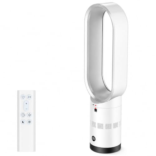 ahnwer Bladeless Fan with Air Purifier, 24 Tower Fan for Bedroom, 10 Speeds, Quiet Sleep Mode, 3D Oscillation (90°/20°), 9H Timer, LED Touch & Remote, Safe for Kids, Energy Saving (Silver)