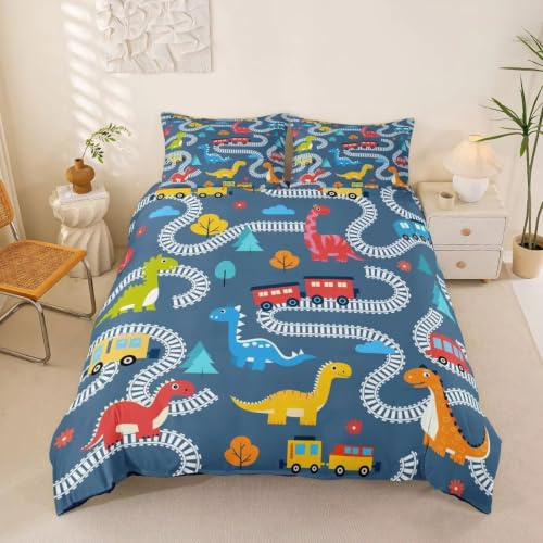 BJCJGGL Enkelt bäddset dinosaurie påslakan för barn – sängklädesset med dragkedja och 2 örngott 50 cm x 75 cm – mjukt allergivänligt mikrofiberpåslakan 135 cm x 199 cm