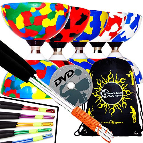 Jester Pro Diabolo Roulement A Bille + Diabolo Baguettes en Aluminium et Diabolo Ficelle, Diabolo Tricks DVD + Diabolos Sac de Transport. (Multicolore Diabolo + Bleu Baguettes)