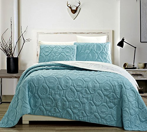 Grand Linen 3-Piece Tropical Coast Seashell Beach Queen/Full Oversize Oversize Bedspread SEA Blue/White Reversible Coverlet Embossed Bed Cover Set. Sea Shells, Sea Horse, Starfish etc.