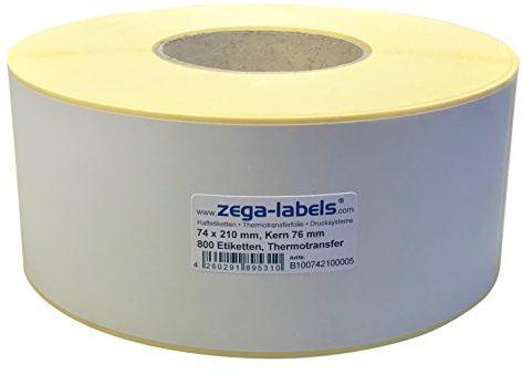Thermotransfer Etiketten auf Rolle - 74 x 210 mm - 800 Stück je Rolle - Kern: 76 mm - aussen gewickelt - permanent haftend - Druckverfahren: Thermotransfer (Drucken mit Farbband)