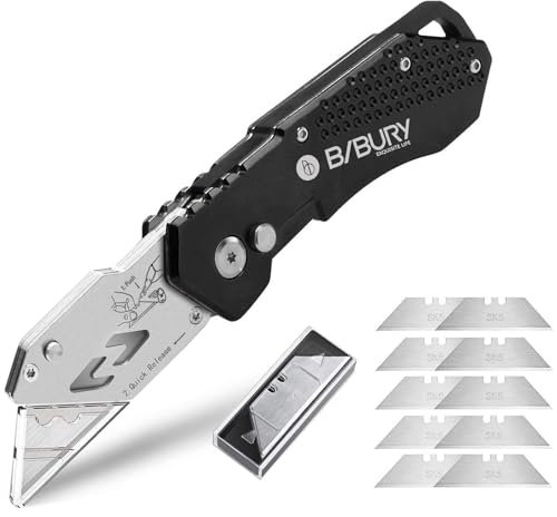 BIBURY Universalmesser, Portabel Teppichmesser, Aktualisierte Version Universal-Klappmesser, Cuttermesser mit 10 zusätzlichen SK5 Edelstahlklingen mit Gürtelclip und Safety-Lock-Design - Schwarz