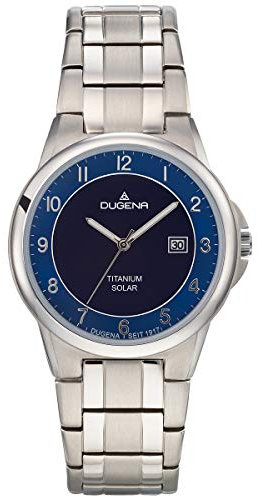 Dugena Herren-Armbanduhr 4460918 Gent Solar, Quarz, Solarbetrieb, blaues Zifferblatt, Titangehäuse, Saphirglas, Titanarmband, Drückerfaltschließe, 5 bar