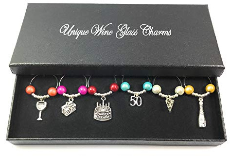 Libby's Market Place 50th Birthday Gift Wine Glass Charms with Gift Box and Birthday Gift Card