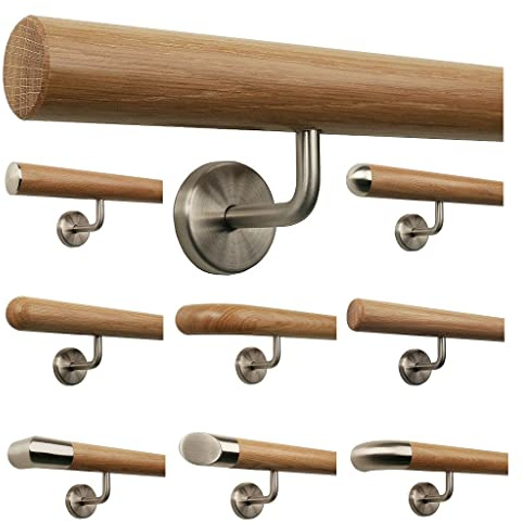 TIBU Eiche Holz Handlauf Geländer 0,3m - 6m, Länge 80 cm, Ende gefast und 2 gewinkelte Halter