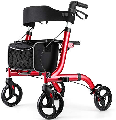 Andadores con ruedas para personas mayores, andador con asiento, ruedas de 8 pulgadas, fácil de plegar con respaldo acolchado, ayuda ligera para caminar para adultos mayores, marco de aluminio, rojo