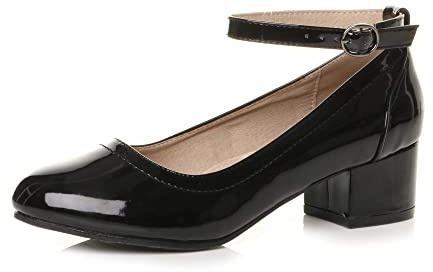 AJVANI Womens Ladies Low mid Block Heel Ankle Strap smart Work Vintage Comfort Court Shoes Size