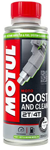 Motul Oktan-Booster und Reinigungs-Additiv für Kraftstoffsysteme von Motorrädern mit 2- und 4-Takt-Motoren, Mehr Leistung, weniger Verbrauch und Emissionen, Boost and Clean Moto, 200 ml