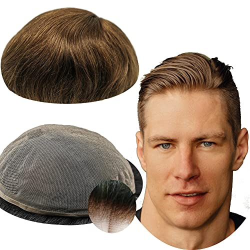 YANAHAIR Men's Toupee - Real Human Hair with Fine French Lace - Customizable Hair Unit - Natural-Looking Pieces - Light Brown, 8x10