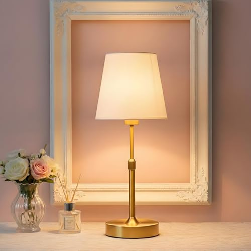 ACMHNC Akku Tischlampe, USB-Aufladung LED Kabellos Tischleuchte Touch-Dimmbar, 5200mAh Batterie, 31–39 cm höhenverstellbar, Weiße Stoffschirm, für Restaurant, Esstisch, Schlafzimmer, Außen, Gold