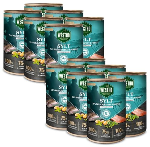 WESTHO Nassfutter Sylt Adult Senior (12 x 400 g) | 75% Wildlachs & Forelle | Getreidefrei | Zum Konditionsaufbau| Zur Haut und Fellpflege | Premium Hundenassfutter