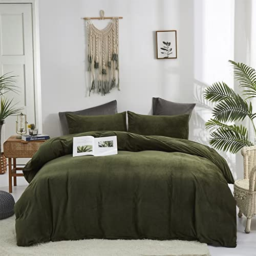 Houseri Olive Green Velvet Duvet Covet Queen Fluffy Army Green Bedding Flannel Duvet Cover Full Size Dark Green Micromink Sherpa Comforter Cover Warm Forest Green Fuzzy Duvet Cover Queen Size