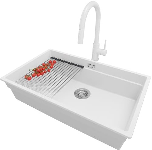 PRIMAGRAN Lavandino da Cucina Bianco 76x47cm, Lavello in Granito a 1 vasca + Rubinetto 40x20cm + Set di accessori, Lavabo da Cucina Incasso al Mobile 80cm - Prague Level Slim S540