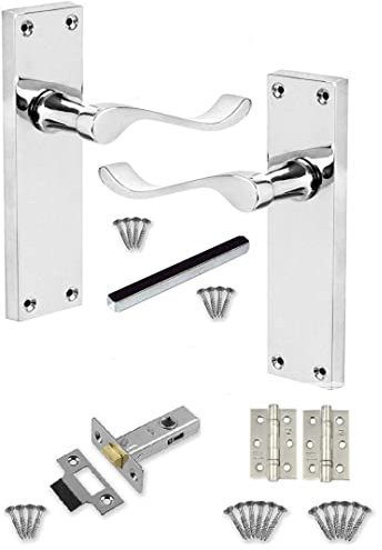 Golden Grace 1 Set of Victorian Scroll Latch Door Handles Polished Chrome with 1 Pair of 3 Ball Bearing Hinges & Latches Pack Sets 150mm x 40mm Backplate