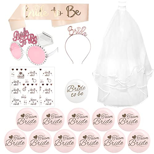 CHRI JGA Deko Frauen Set 18PCS JGA Accessoires Deko | mit Bride to be Schärpe und Schleier Set Abzeichen Tiara Brille Team Braut Tattoos 12 Team Bride Buttons