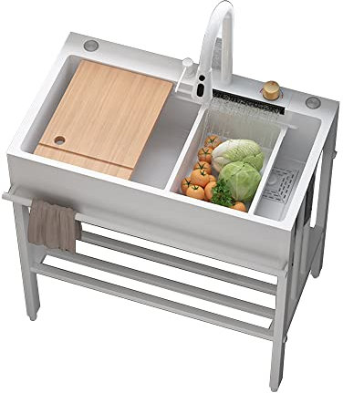 Lavandino da Esterno Bianca,Lavello Cucina Multifunzione 1 vasca,Lavello in Acciaio Inox Autoportante,con Rubinetto Estraibile Cascata, Dispenser di Sapone,Gocciolatoio,per Ristorante,Caffè,Giardino (