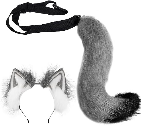 Ulikey Wolf Fuchsschwanz Anziehset, Halloween Kunstfell Katzenohren Plüsch Wolf Fuchsschwanz Kinder Kostüm Set mit Schwanz stirnband und Handschuhe Set für Halloween, Karneval