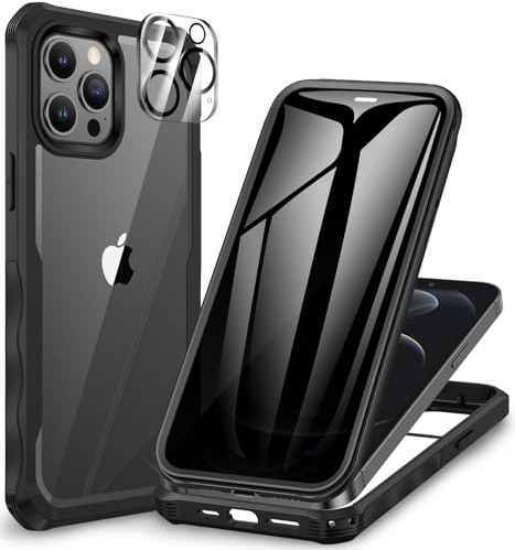 CENHUFO Sichtschutz Hülle für iPhone 12 Pro Max, mit Eingebautem Privacy Panzerglas Displayschutz und Kameraschutzfolie 360 Grad Handyhülle Schutzhülle Stoßfest Bumper Anti Spy Cover Case -Schwarz