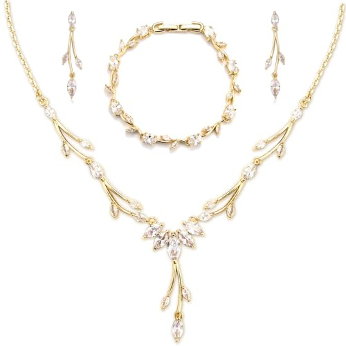 CERSLIMO Set di gioielli da sposa in argento, oro/oro rosa, set di gioielli da sposa 5 A, con zirconi bianchi, placcati in oro, set di gioielli per sposa con confezione regalo, regalo per donne e