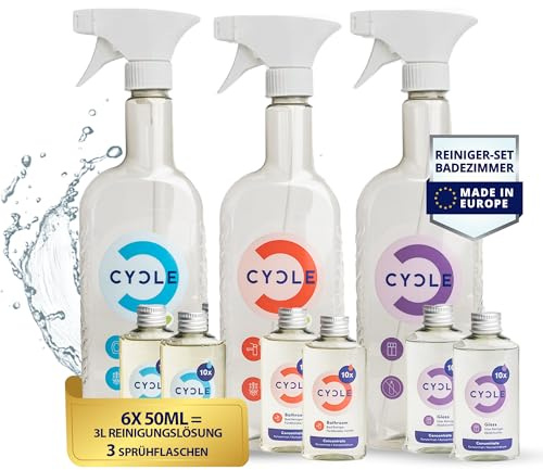 CYCLE Badezimmer Reiniger Set – 2x Badreiniger, 2x WC-Reinigungsschaum, 2x Glasreiniger (Konzentrate je 50 ml) & 3 Sprühflaschen – Putzmittel mit natürlichen Inhaltsstoffen – Bad Reiniger-Set 9-teilig