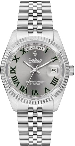 CADISEN Automatik Uhr Herren Mit Gangreserve Automatik Saphirglas Wasserdicht 38MM Kalender der Wochentage (8228 grau)